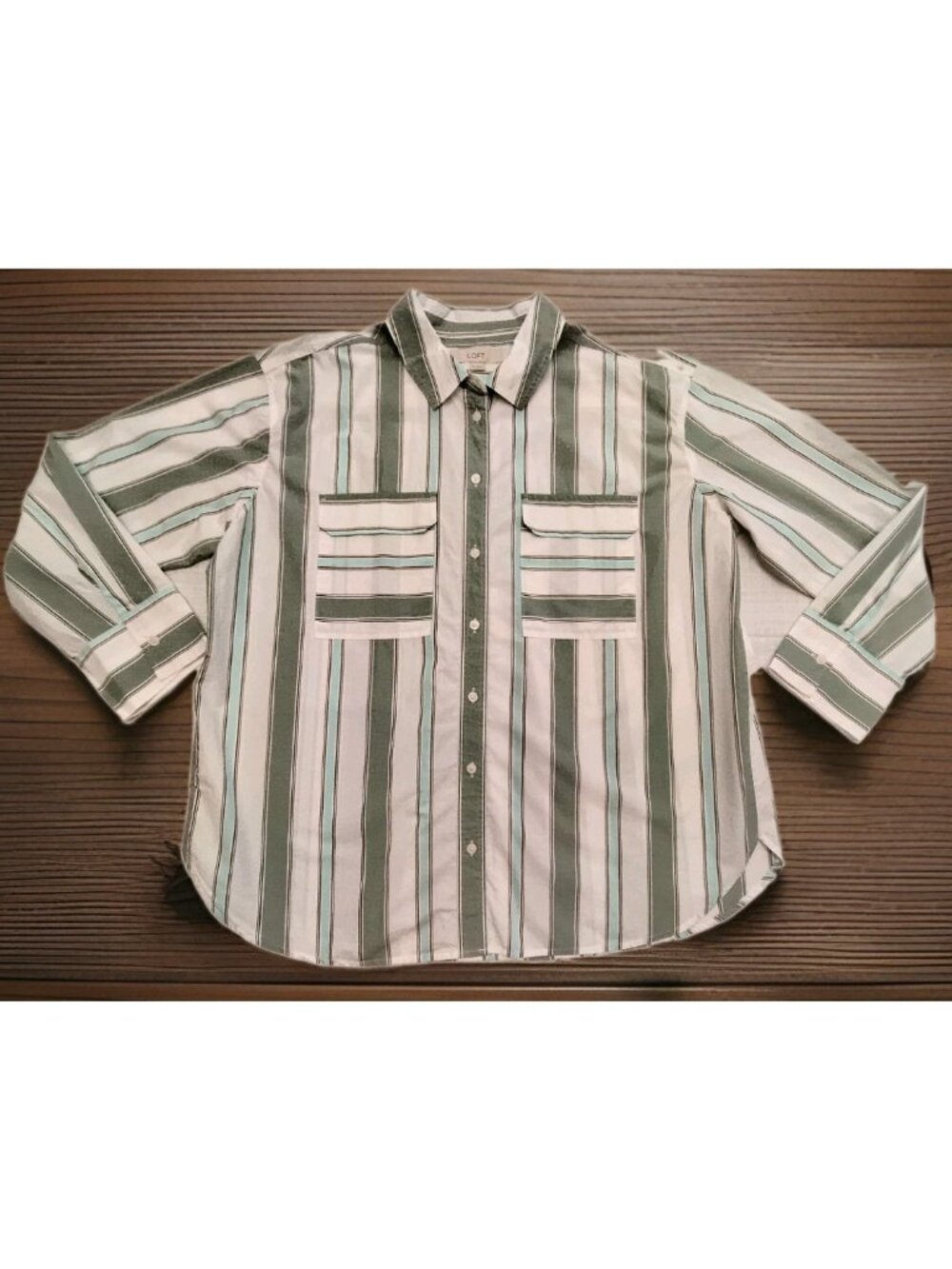LOFT striped blouse White/Olive Green women’s size XL Long Sleeve Button Up